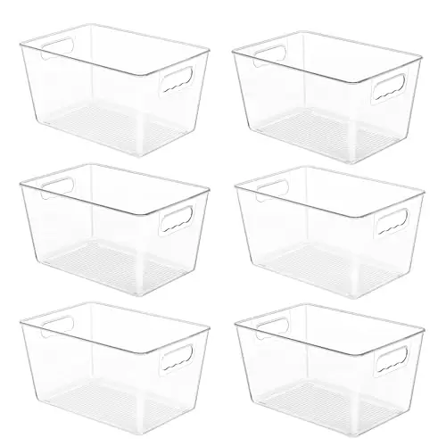 YIHONG 6 Pack Clear Pantry Organizer Bins, Plastic Containers with Handle for Kitchen,Freezer,Cabinet,Closet,Bathroom Under Sink Storage